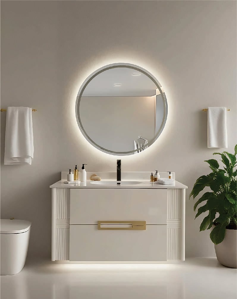 Комплект WAVE C180003 White: светлая тумба 1000 мм с золотистой ручкой и круглое зеркало